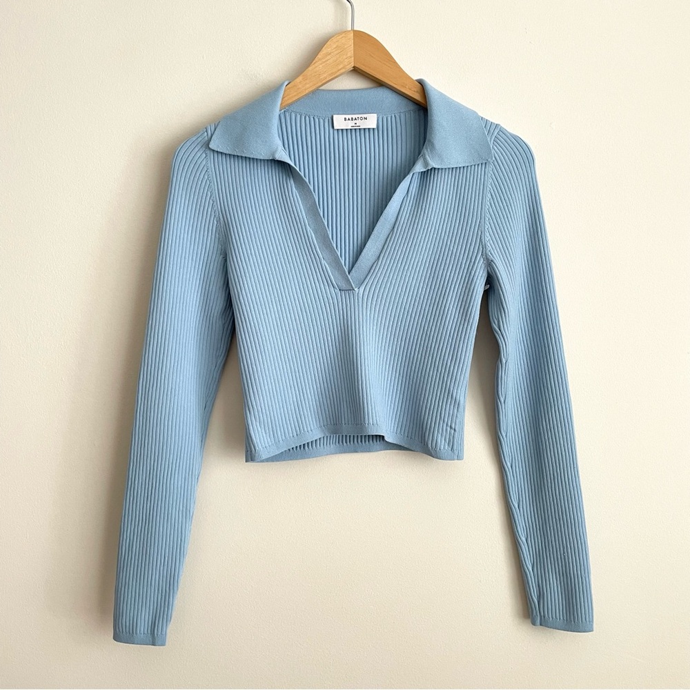 Aritzia Babaton Excerpt Sculpt Knit Polo Longsleeve Light Blue NWOT